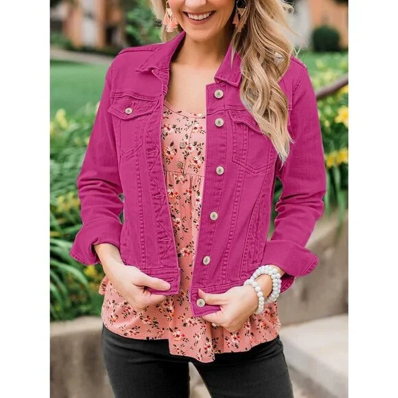 Women's Basic Button Down Stretch Fitted Long Sleeve Denim Jean Jacket Rose Pink - Picture 6 of 7